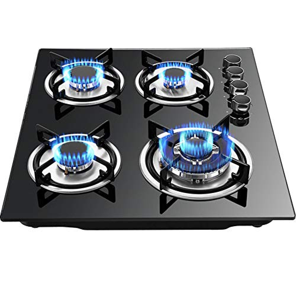MIMODA 24" Built-in Gas Cooktop 4 Burner Gas Stovetop with Black Tempered Glass Hob Gas Cooker for Kitchen