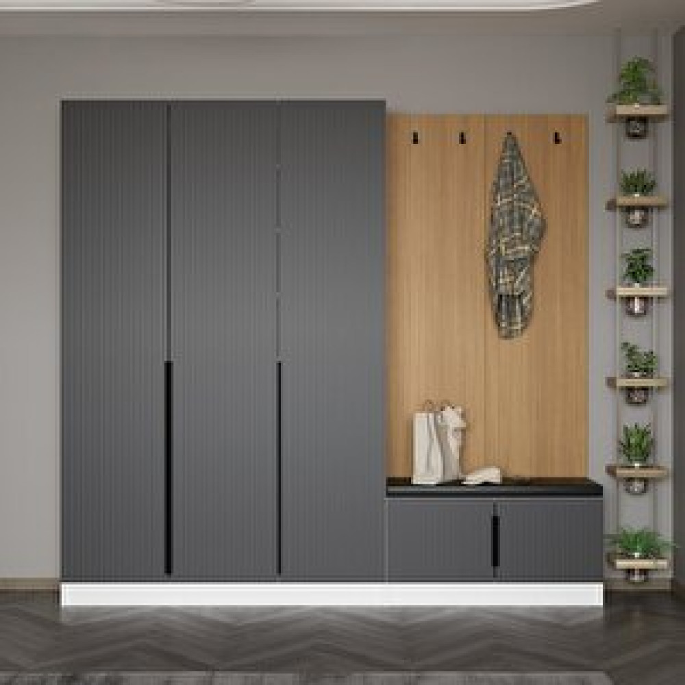 Minar Mobilya Minar Kale Dekor Panel 3 Kapaklı 1b Raf Portmanto + Ayakkabılık Minderli Beyaz Mebran Çizgili Antrasit Portmanto Fiyatı