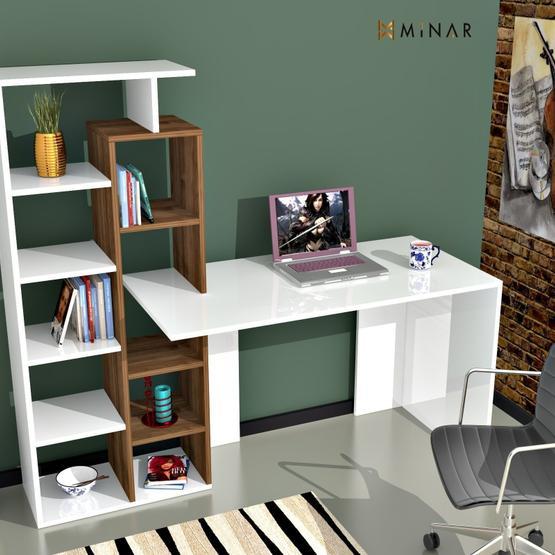 Minar Poly Ceviz Beyaz Çalışma Masası