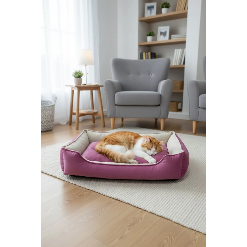 MİNDERX Premium Kedi Köpek Yatağı – Yıkanabilir, Kaymaz Tabanlı, Koltuk Kumaşı, Çıkarılabilir Minderli - Fuşya - Krem - 50 x 65 cm Koltuk Fiyatı