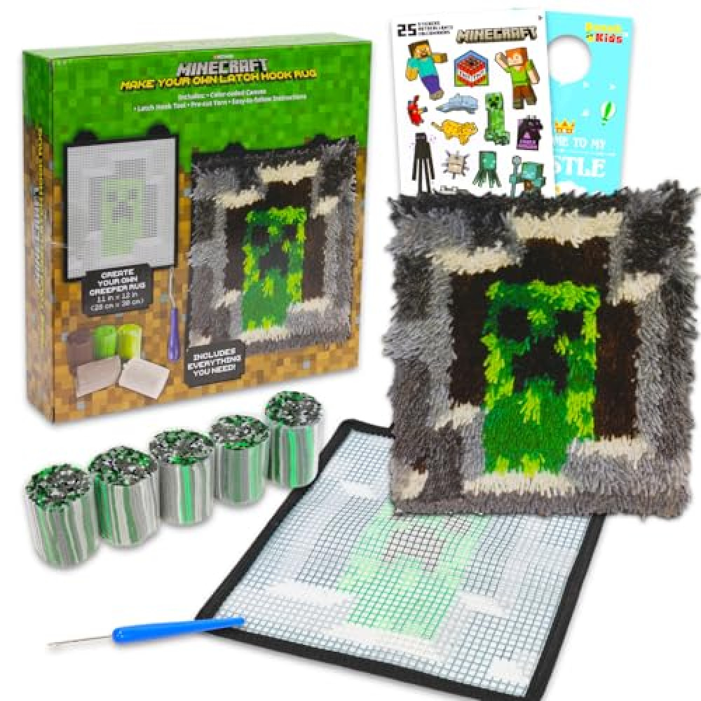 Minecraft Arts and Crafts Kit for Kids - Bundle with DIY Minecraft Make Your Own Mini Rug Plus Stickers, More | Minecraft Latch and Hook Creeper Rug