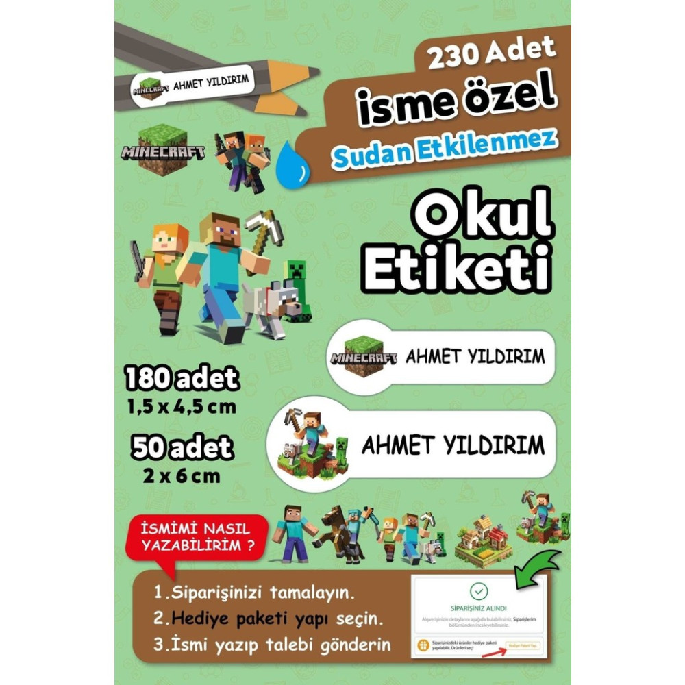 Minecraft Temalı Kişiye Özel Isimli Defter Kalem Okul Etiketi, Yırtılmaz Pvc Etiket, Islanmaz - 230 Adet - Beyaz Okul Etiketi Fiyatı