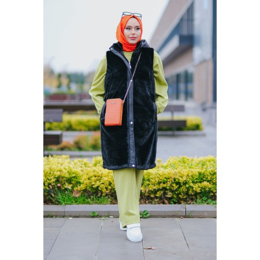 Minel Kadın Kürklü Yelek MNL-015Y Siyah Kadın Yelek Fiyatı