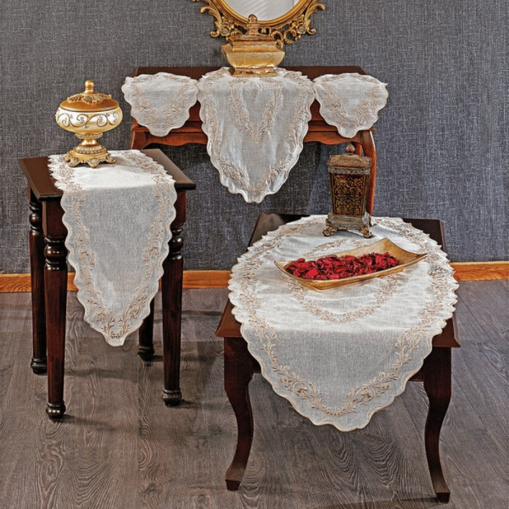 Minelya Home 5 Parça Nakışlı Leke Tutmaz Berceste Masa, Konsol ve Salon Takımı - Bej - 40 x 75 cm Masa Örtüsü Fiyatı