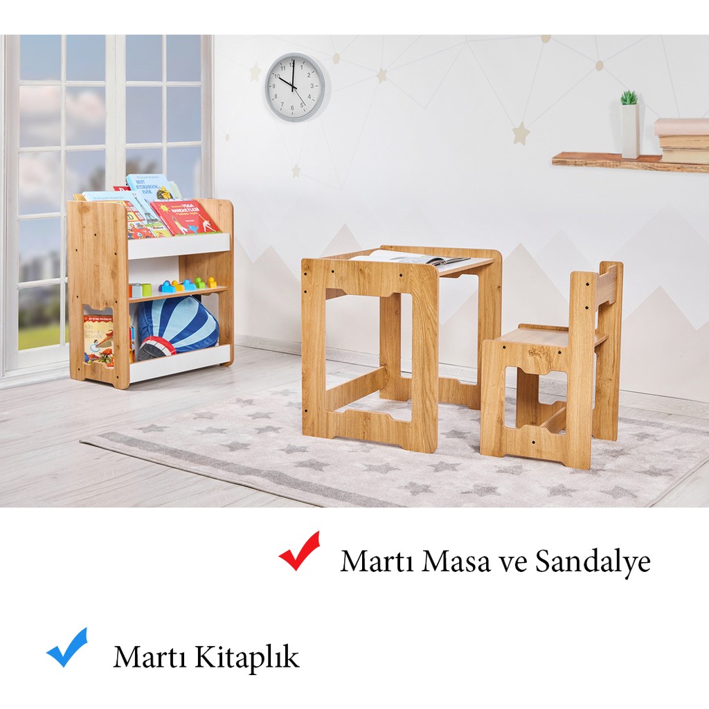 Minera 4-6 Yaş Martı Model Çocuk Çalışma Oyun Masa Sandalye ve Kitaplık Seti - Naturel Ahşap Kitaplık Fiyatı