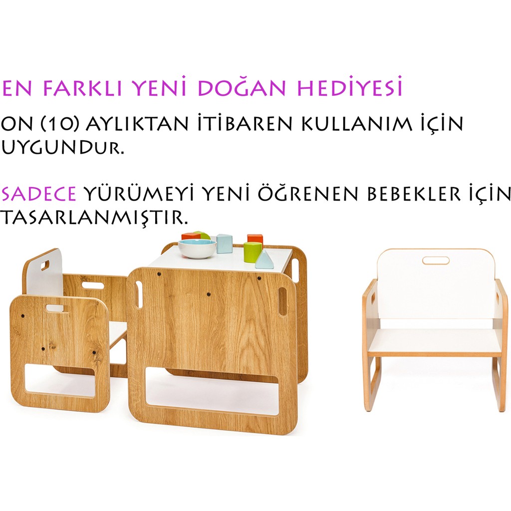 Minera Serçe Model 0-18 Ay Yenidoğan Ahşap Montessori Aktivite Masa ve Sandalye Seti (1 Masa + 2 Sandalye) Standart Sandalye Fiyatı