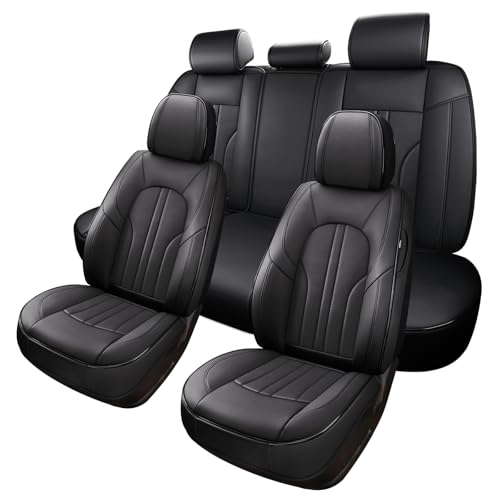MINGBRON Car Seat Cover Full Set, Leather Car Seat Cover, Waterproof Seat Covers, Car Seat Cushion, Nappa Leather Seat Covers Car Seat Protector Universal Fit Most Cars Black