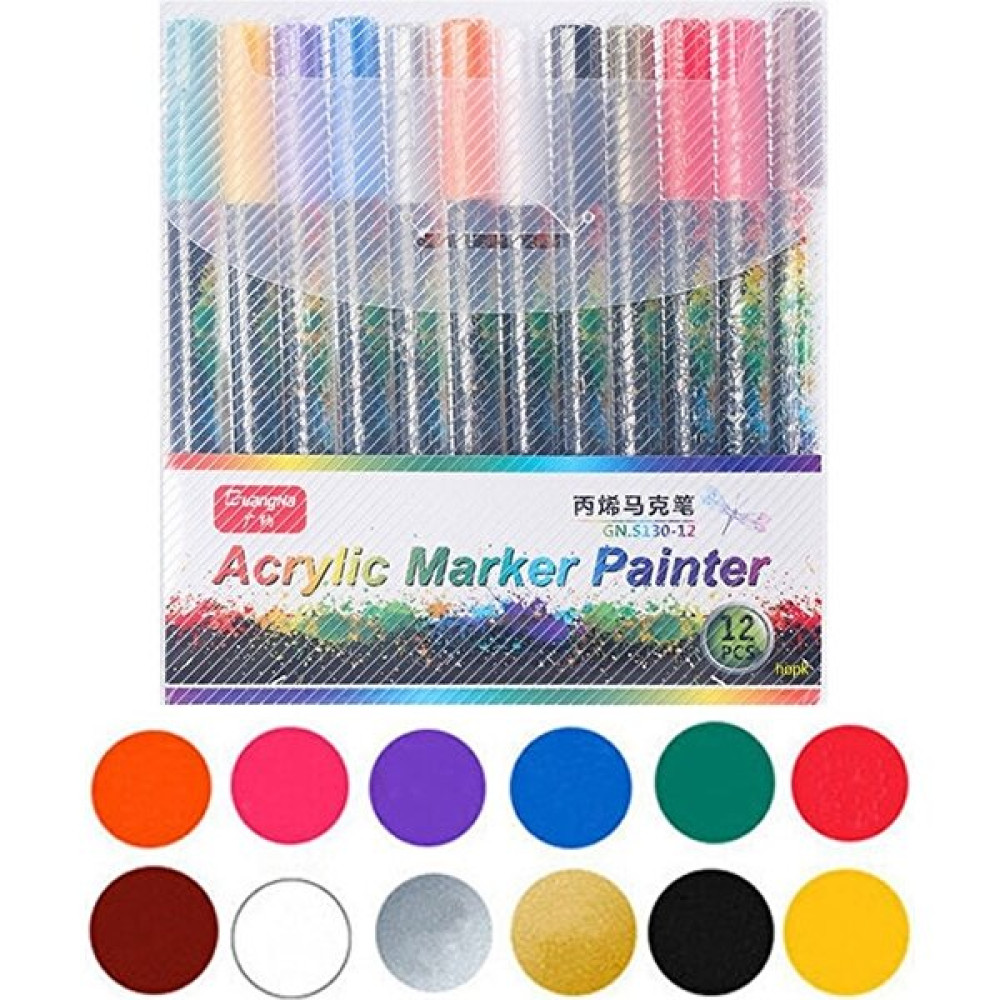 Mingjinshop3 12 Renk Stili Renkler Akrilik Boya Işaretleyici Kalem Seramik Kaya Cam Porselen Kupa Kumaş Için Kalıcı Sanat Marker Kalem Tuval Boyama... Sanatsal Malzemeler Fiyatı