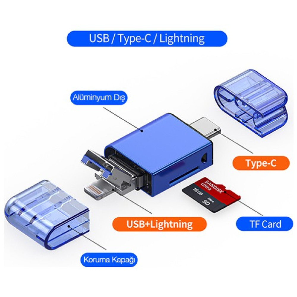 Mini 3 Portlu Usb-Type-C-Lightning Hafıza Kartı Okuyucu Windows-Ios-Linux Uyumlu Micro Sd-Sd Kart Okuyucu Card Reeder Çevirici Siyah - Gri Hafıza Kartları Fiyatı