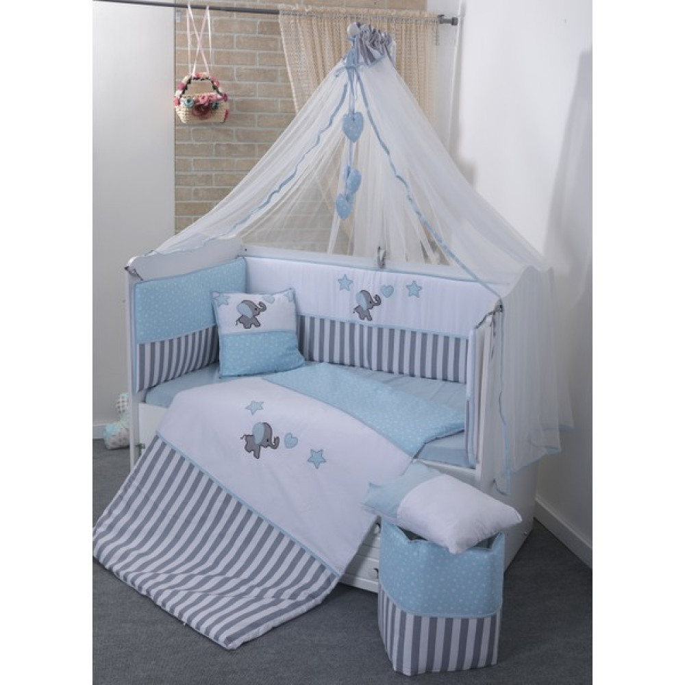 Mini Baby Acqua Mavi Bebek Uyku Seti + Cibinlik ve Aparatı - Mavi - Gri - 80 x 130 cm Bebek Uyku Seti Fiyatı