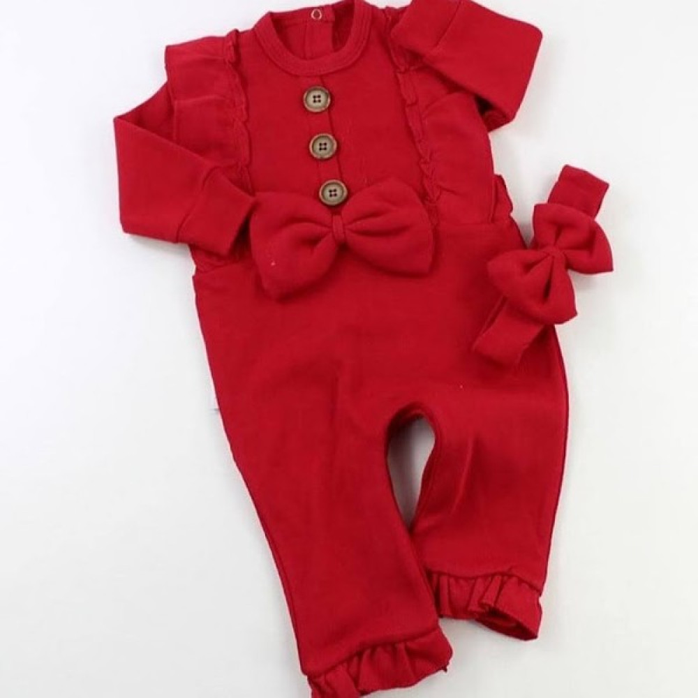 Mini Cayzen Kız Bebek Fiyonk Detaylı Ahşap Düğmeli Bandanalı Tulum Kırmızı Bebek Tulumu Fiyatı