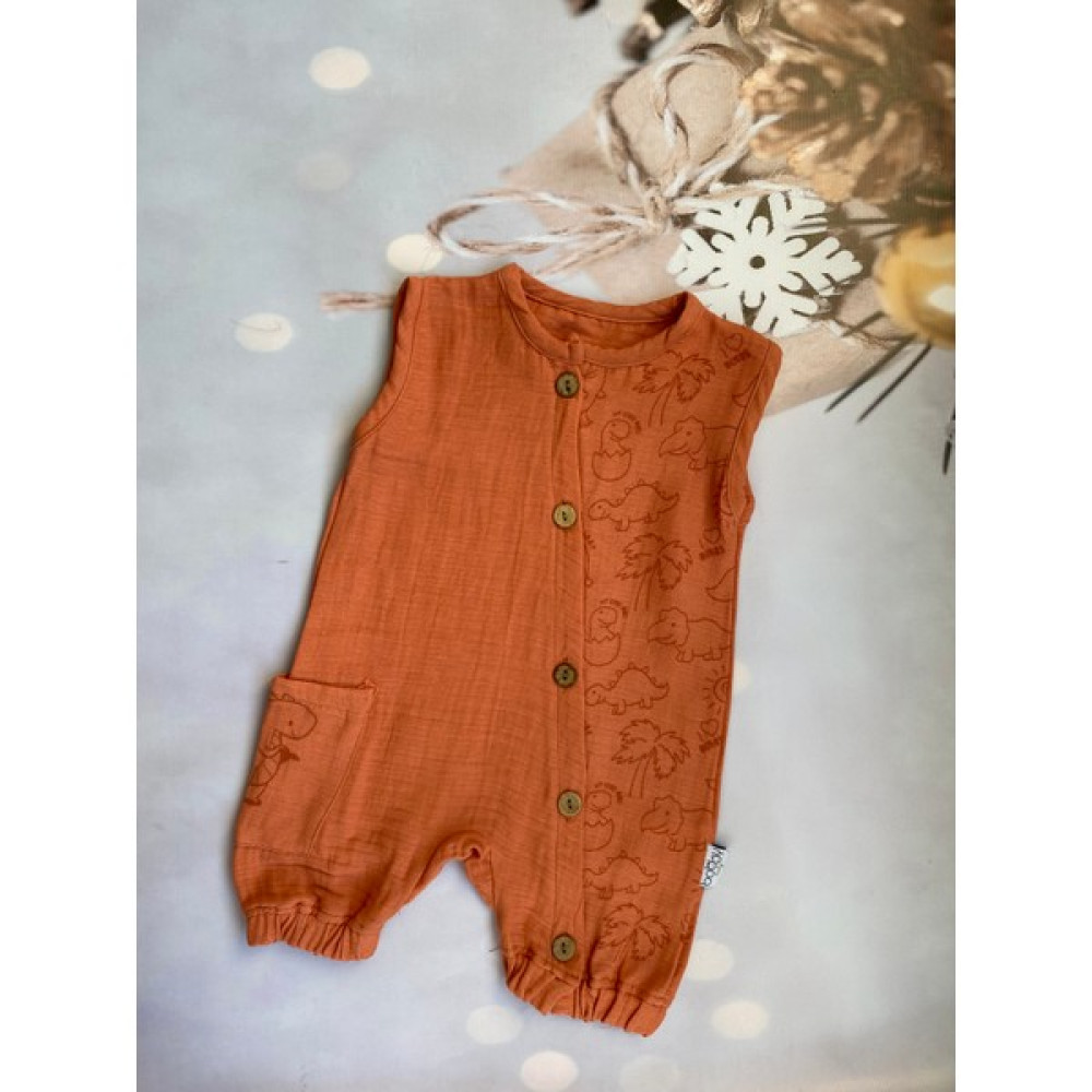 Mini Kids Erkek Bebek Dinazor Baskılı Ahşap Düğmeli Müslin Tulum Bebek Tulumu Fiyatı