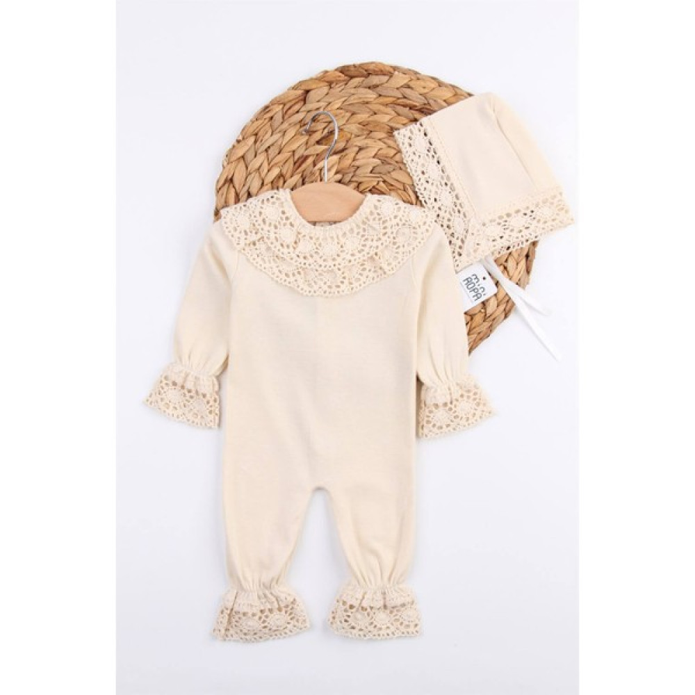 Mini Ropa Organik Dantelli Kız Bebek Tulumu Şapkalı Hastane Çıkışı Dantel Işlemeli Hediyelik Mevlüt Kıyafeti Bebek Tulumu Fiyatı