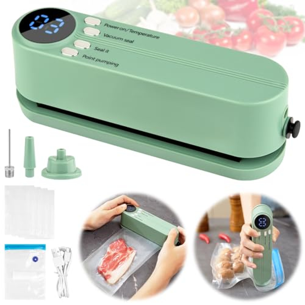 Mini Vacuum Sealer for Food, 3 in 1 Cordless Rechargeable Food Sealer for Dry/Moist Food Storage with 4 Snack Bags, Heat Sealer for Chip Bags, Inflation Pump for Balls/Swim Ring with 1 Needle/1 Nozzle