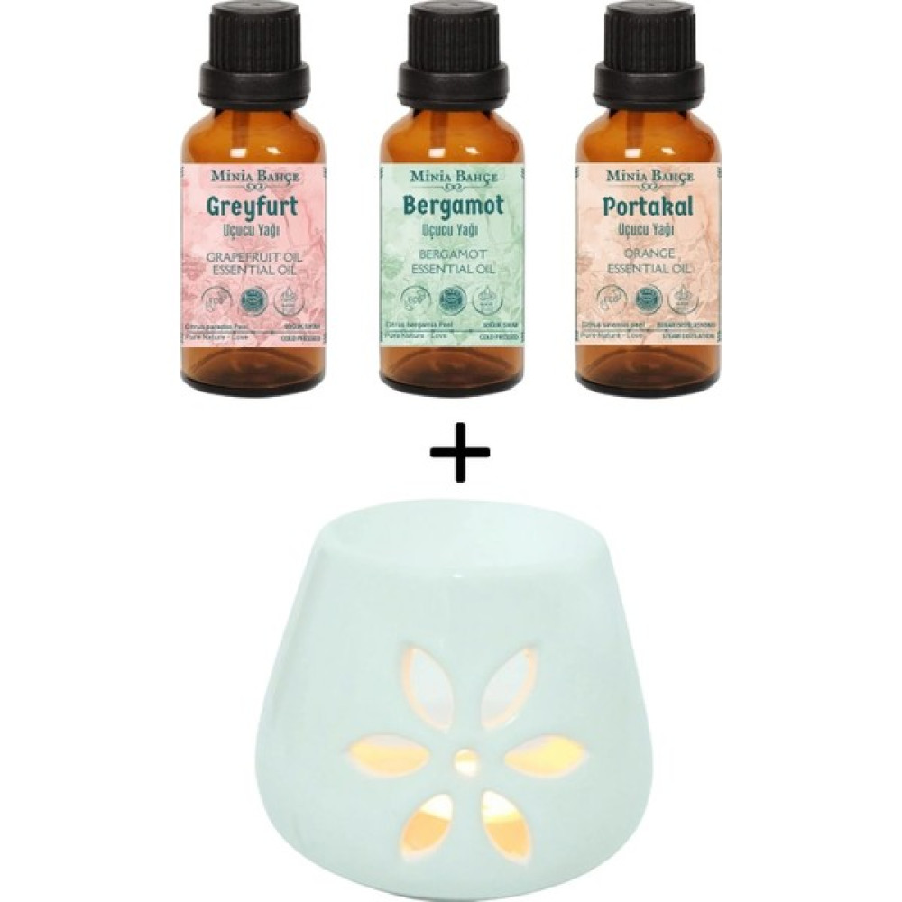 Minia Bahçe Greyfurt Yağı - Bergamot Yağı - Portakal Yağı ve Buhurdanlık Seti - Bej - Beyaz Şamdan Fiyatı