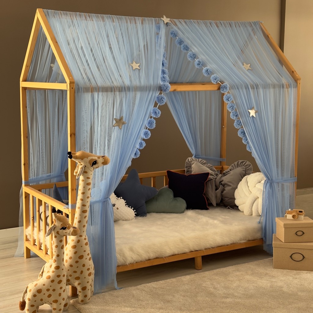 Miniden Bebe Mavisi Çift Perdeli Montessori Yatak Cibinliği Ergonomik Yapı ile Güvenli Oyun Alanı - 200x380 Perde Fiyatı