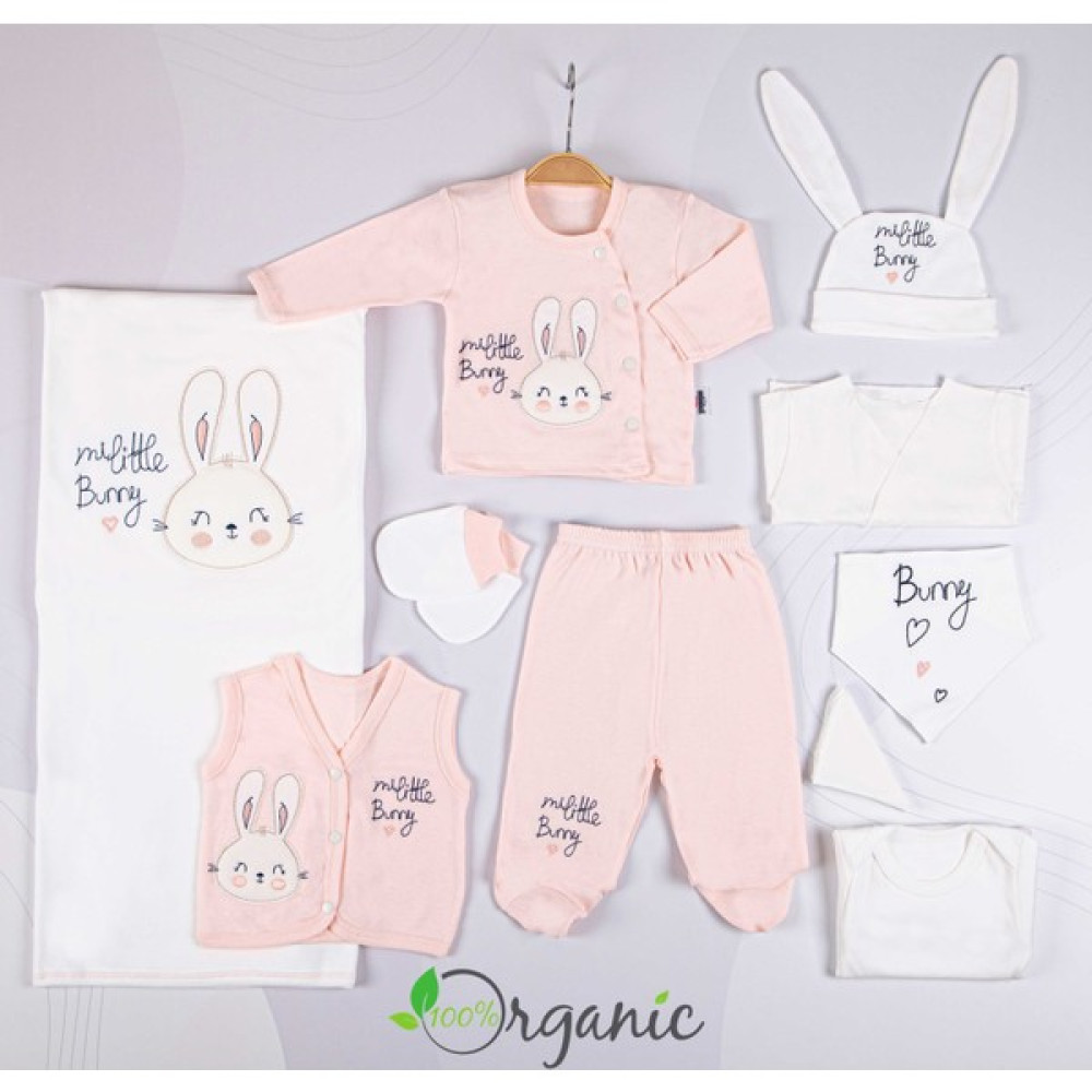 Miniel Kız Bebek Bunny Nakışlı 10'lu Hastane Çıkış Seti - Somon Bebek Hastane Çıkışı Fiyatı
