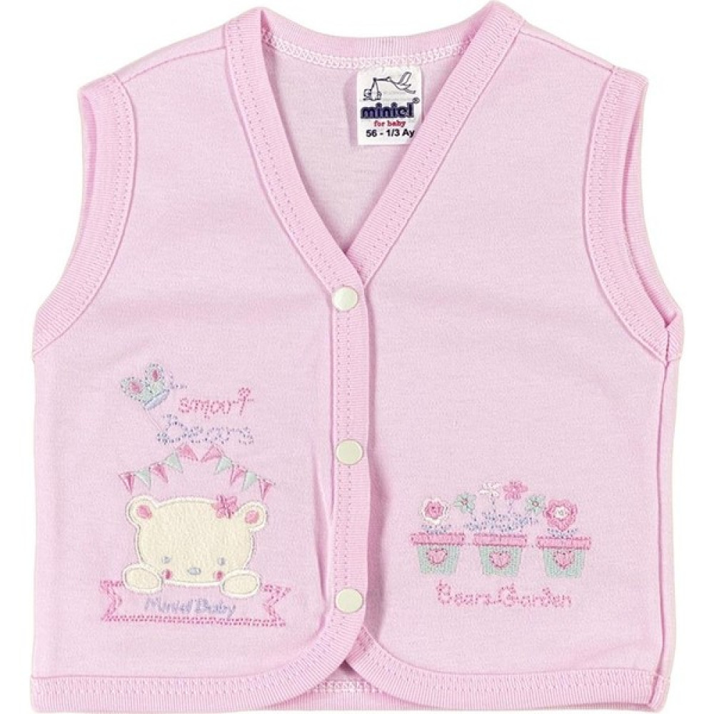 Miniel Kız Bebek Saksılı Ayıcık Nakışlı Pamuklu Penye Bebek Yelek - Pembe Bebek Yeleği Fiyatı