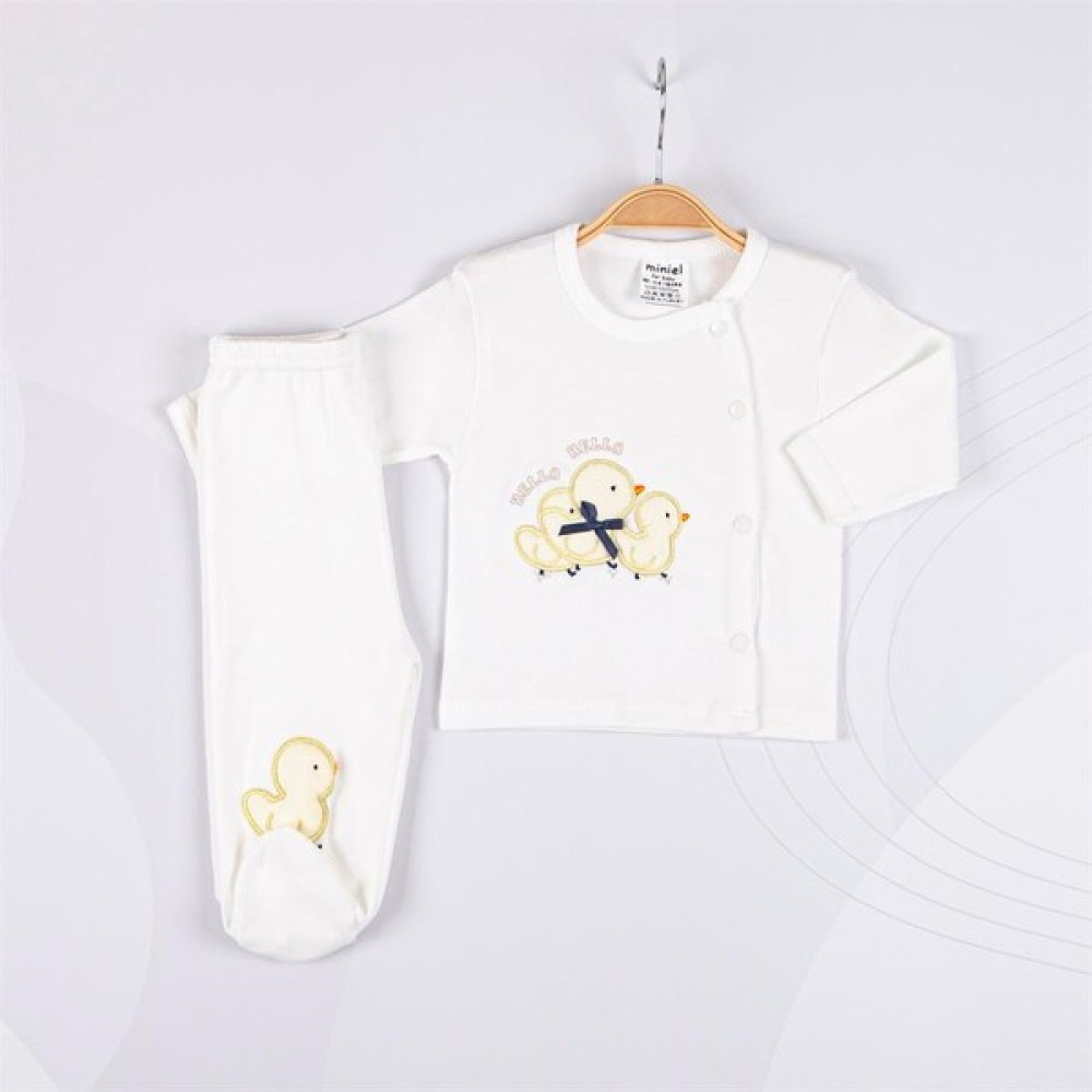 Miniel Unisex Bebek Civciv Nakışlı Uzun Kollu Organik Pamuklu 0-6 Ay Bebek Takımı - EKRU/SARI Bebek Giysi Takım Fiyatı