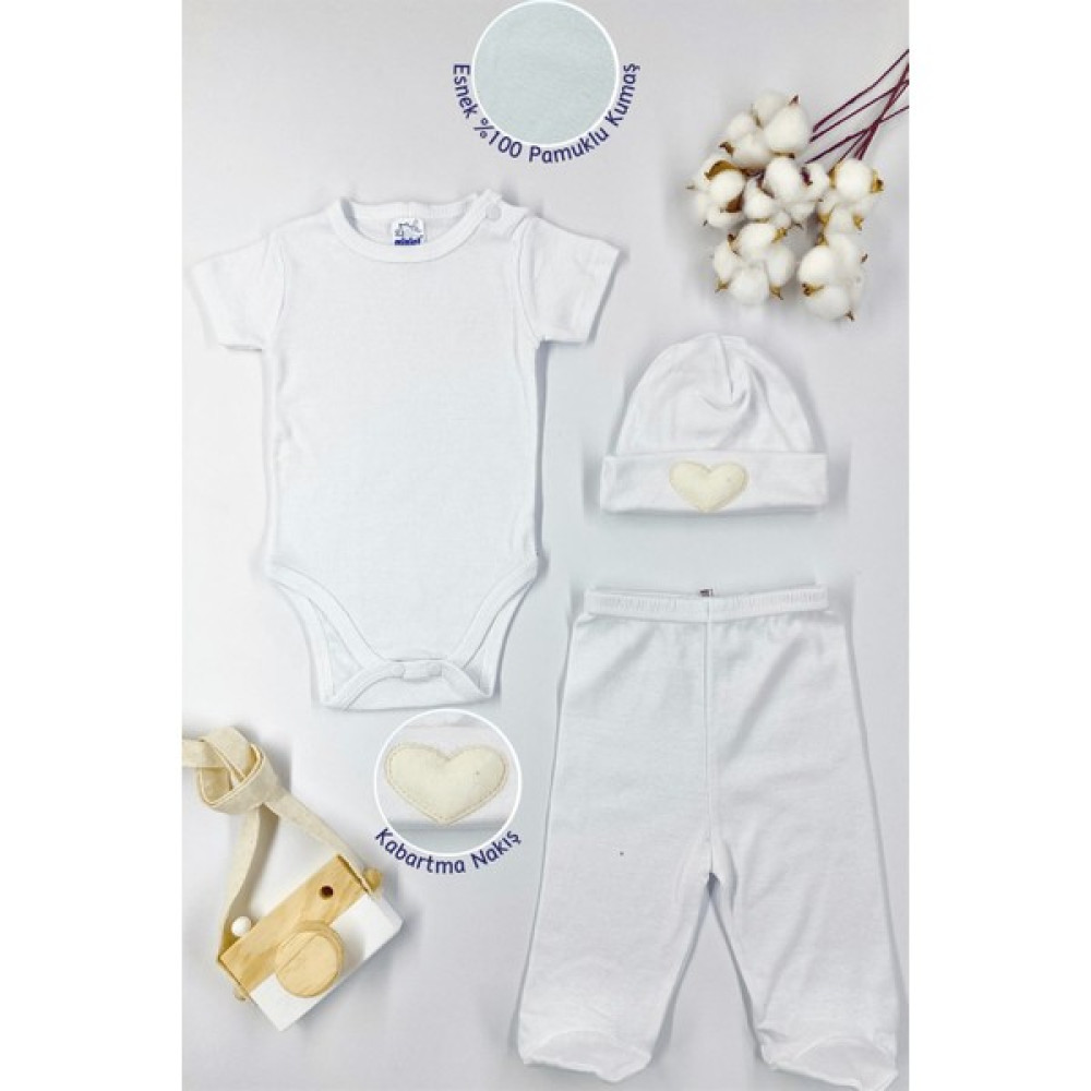 Miniel Unisex Bebek Kısa Kollu Çıtçıtlı Organik Pamuklu 3-6 Ay 3Lü Badili Bebek Takımı - BEYAZ Bebek Giysi Takım Fiyatı