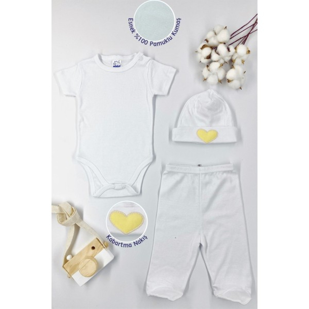 Miniel Unisex Bebek Kısa Kollu Çıtçıtlı Organik Pamuklu 3-6 Ay 3Lü Badili Bebek Takımı - SARI Bebek Giysi Takım Fiyatı