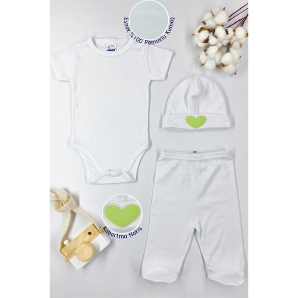 Miniel Unisex Bebek Kısa Kollu Çıtçıtlı Organik Pamuklu 3-6 Ay 3Lü Badili Bebek Takımı - YEŞİL Bebek Giysi Takım Fiyatı