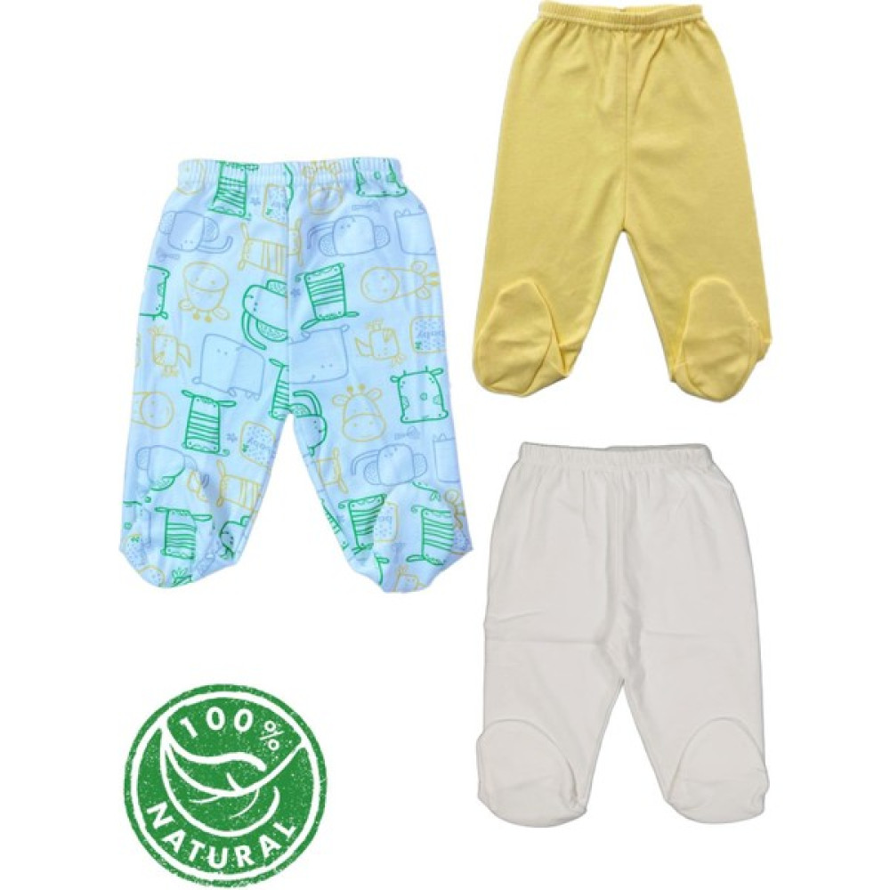 Miniel Unisex Bebek Penye Organik Pamuklu 0-6 Ay Baskılı Patikli Bebek Tek Alt 3'lü Set - Renkli Bebek Eşofman Fiyatı