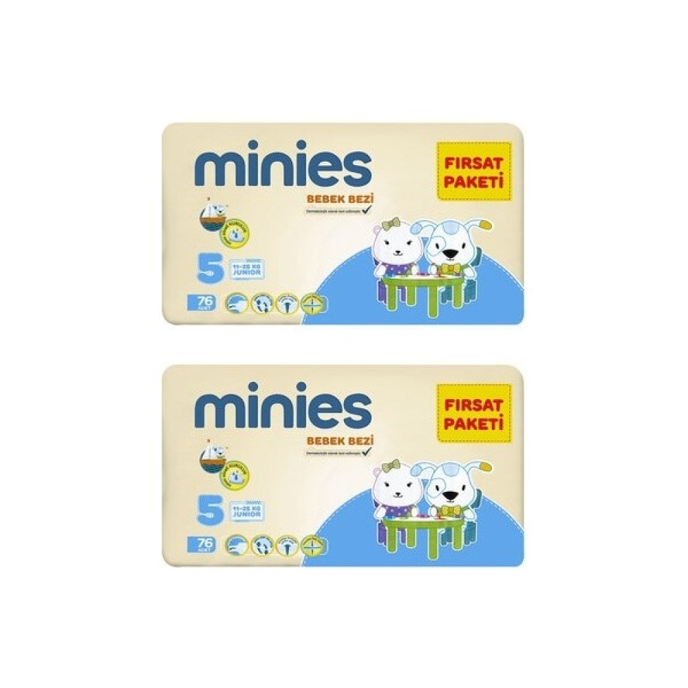 Minies 5 Numara 76X2=152 Adet Bebek Bezi Mega Dev Ekonomi Paketi Aylık Fırsat Paketi - Junior 5 Numara 12 - 25 kg 44'lü Bebek Bezi Fiyatı