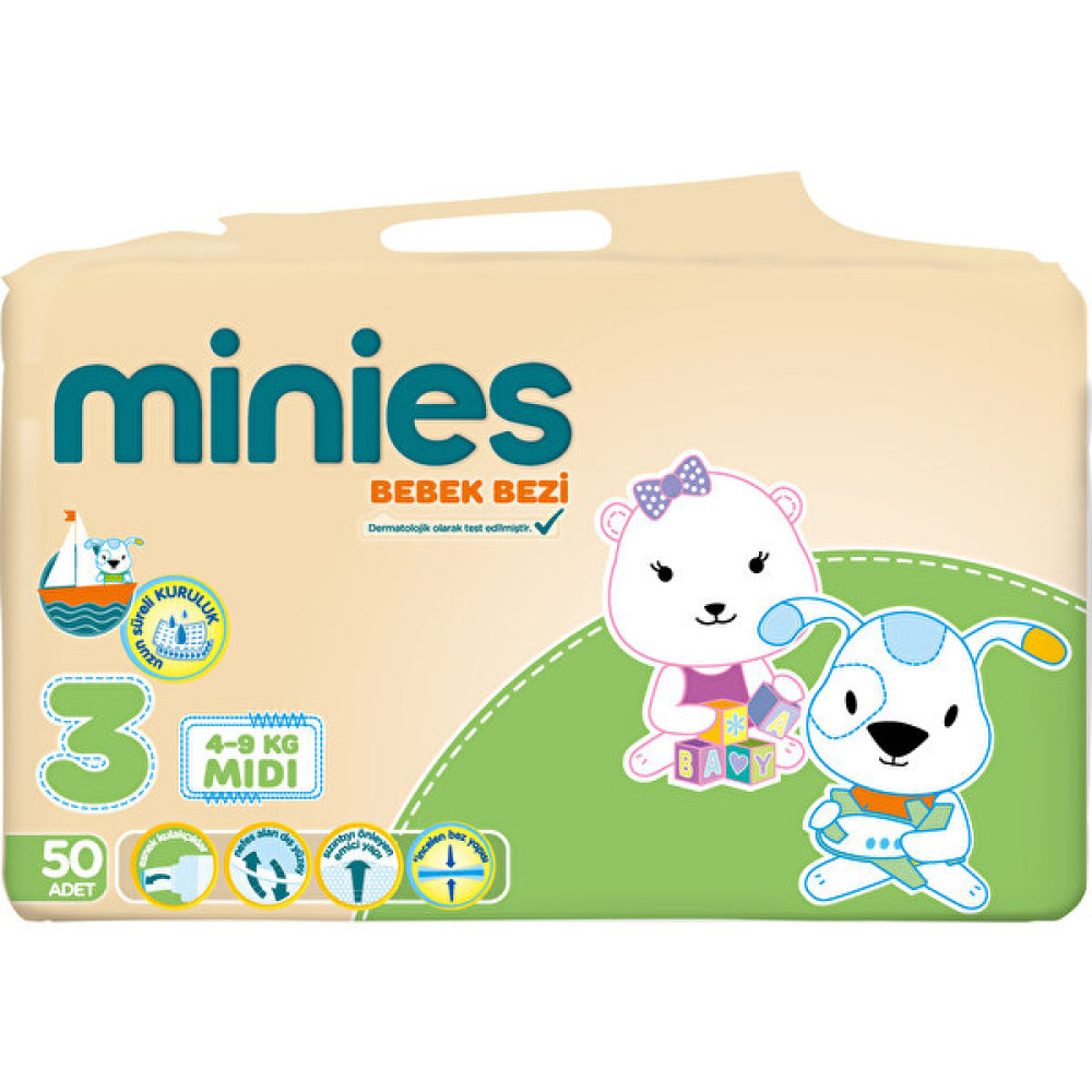 Minies Bebek Bezi Midi 3 Beden 4-9 kg 50 Adet - 3 Beden (4 - 9 kg) Bebek Bezi Fiyatı