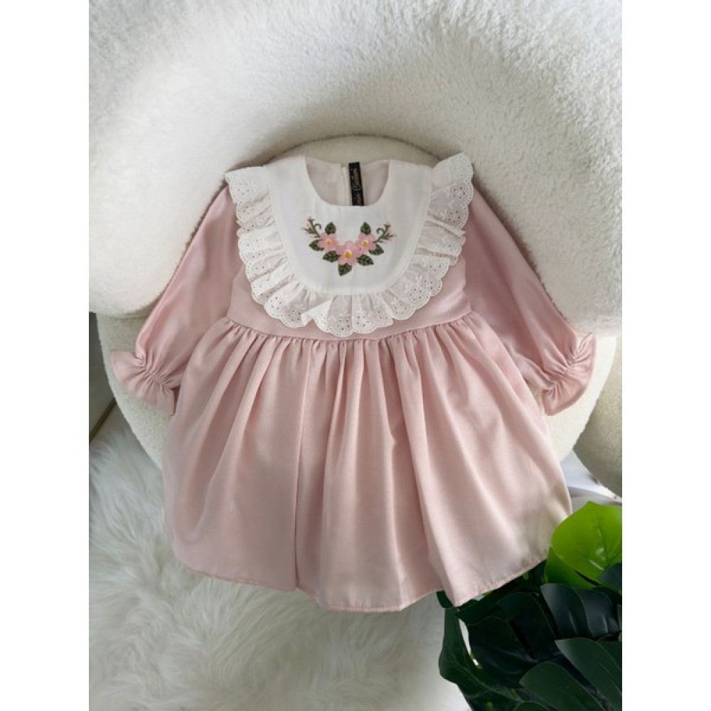 Miniğimin Cicileri Çiçek Nakışlı Fistolu Kız Bebek elbise - Pembe Bebek Elbisesi Fiyatı