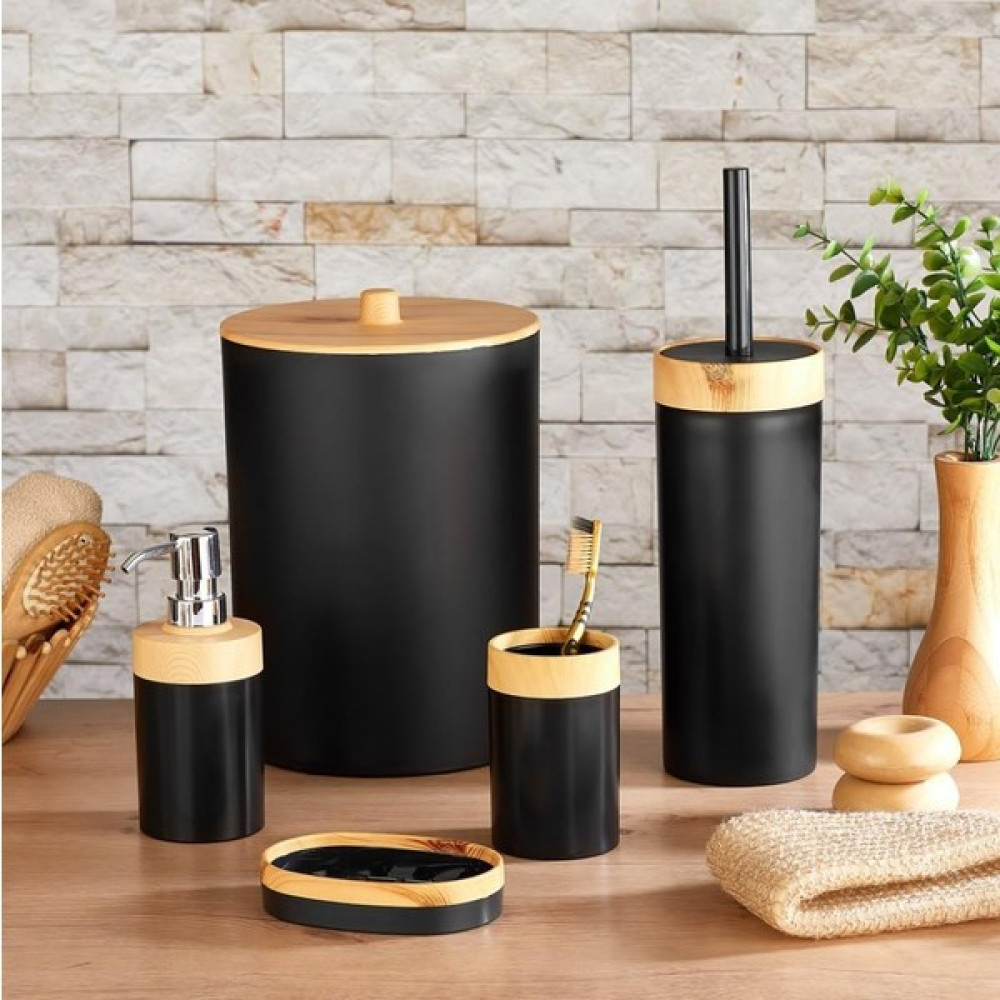 MiniHome Bambu Görünümlü 5’li Banyo Seti Siyah Banyo Aksesuarları Fiyatı