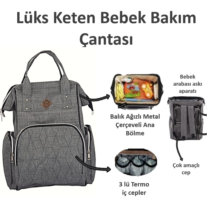 Minik Life Miniklife Lüx Keten Bebek Bakım Çantası Gri Su Geçirmez Özellikli 45 cm Uzunluk 30 cm Genişlik Bebek Bakım Çantası Fiyatı