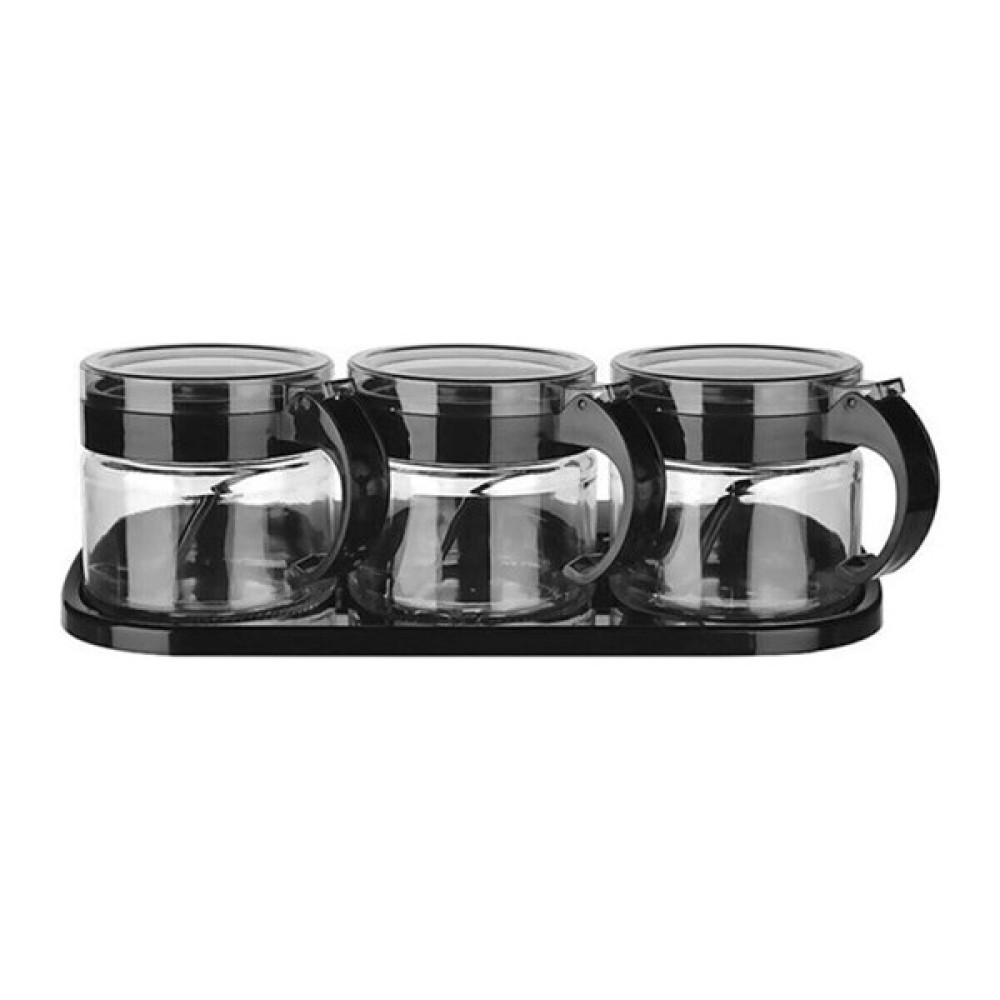 Minik Shop  siyah 3lü Standlı Kapaklı Kaşıklı Cam Hava Sızdırmaz Baharatlık Takımı KC-386 Baharat Setleri & Baharatlıklar Fiyatı