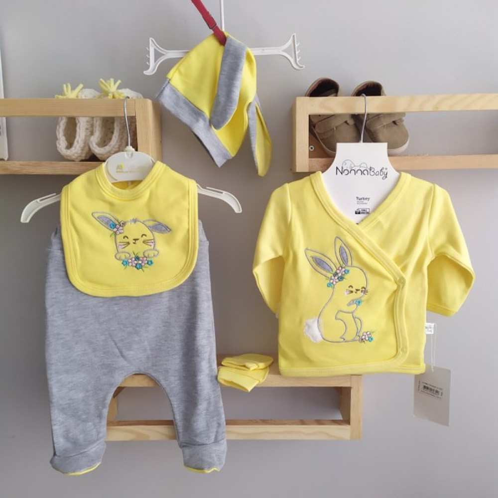 Minika Baby Minilkabebe Sevimli Tavşan Nakışlı Hastane Çıkış Seti 5 Li Sarı Bebek Hastane Çıkışı Fiyatı