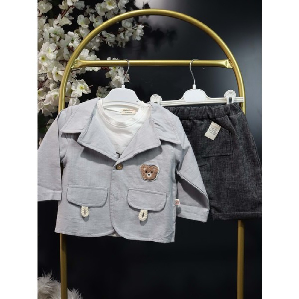 Miniksen Jikko Ayı Baskılı Ceketli Şortlu 3lü Takım Bebe - Gri - 12-18AY - ST0000851YN-GRI-12-18AY Bebek Giysi Takım Fiyatı