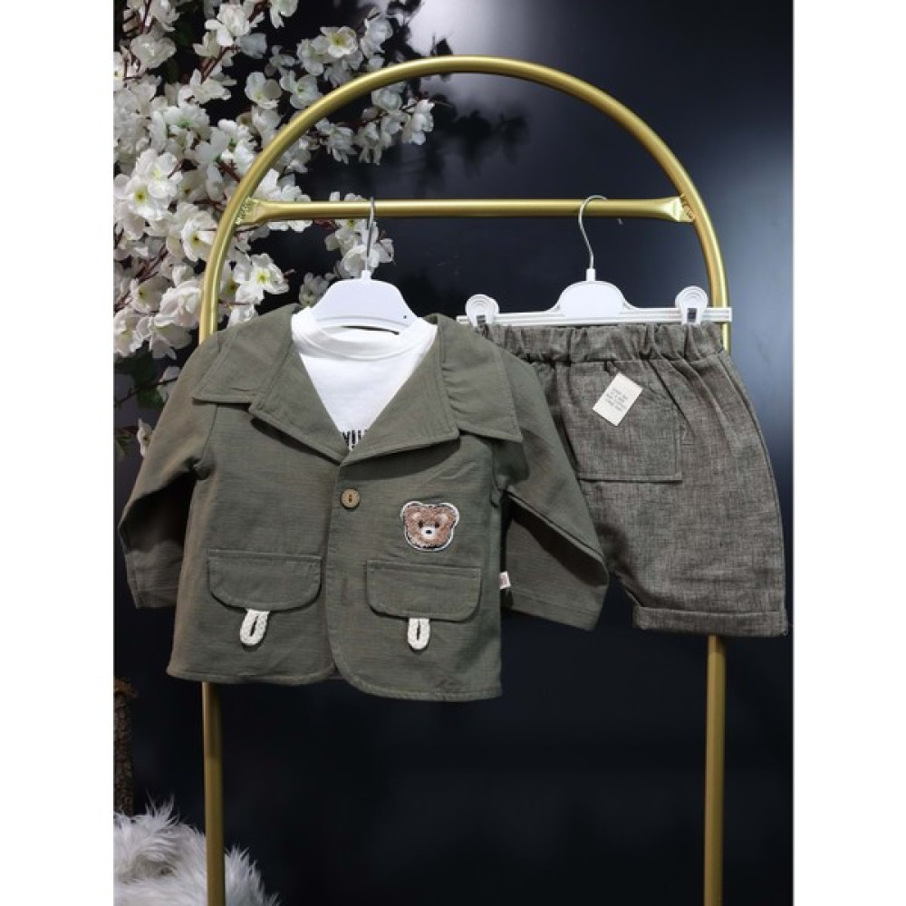 Miniksen Jikko Ayı Baskılı Ceketli Şortlu 3lü Takım Bebe - Haki - 12-18AY - ST0000851YN-HAKI-12-18AY Bebek Giysi Takım Fiyatı