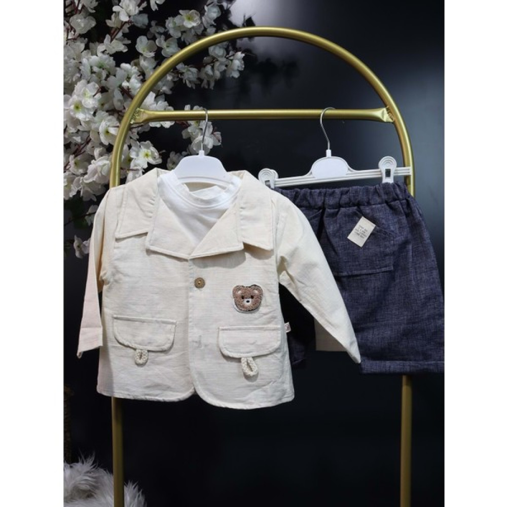 Miniksen Jikko Ayı Baskılı Ceketli Şortlu 3lü Takım Bebe - Krem - 6-9AY - ST0000851YN-KREM-6-9AY Bebek Giysi Takım Fiyatı
