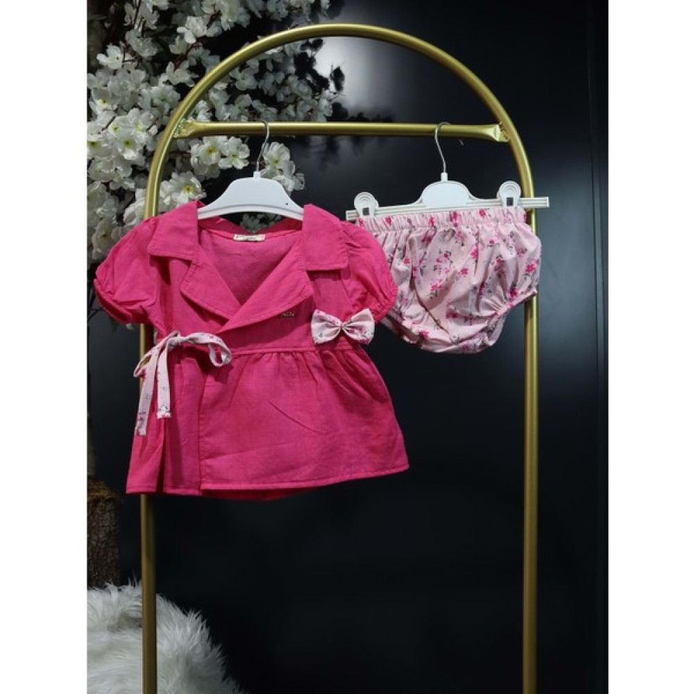 Miniksen Jikko Kız Kruvaze Fiyonklu 2li Takım - Fuşya - 6-9AY - ST0000836YN-FUŞYA-6-9AY Bebek Giysi Takım Fiyatı