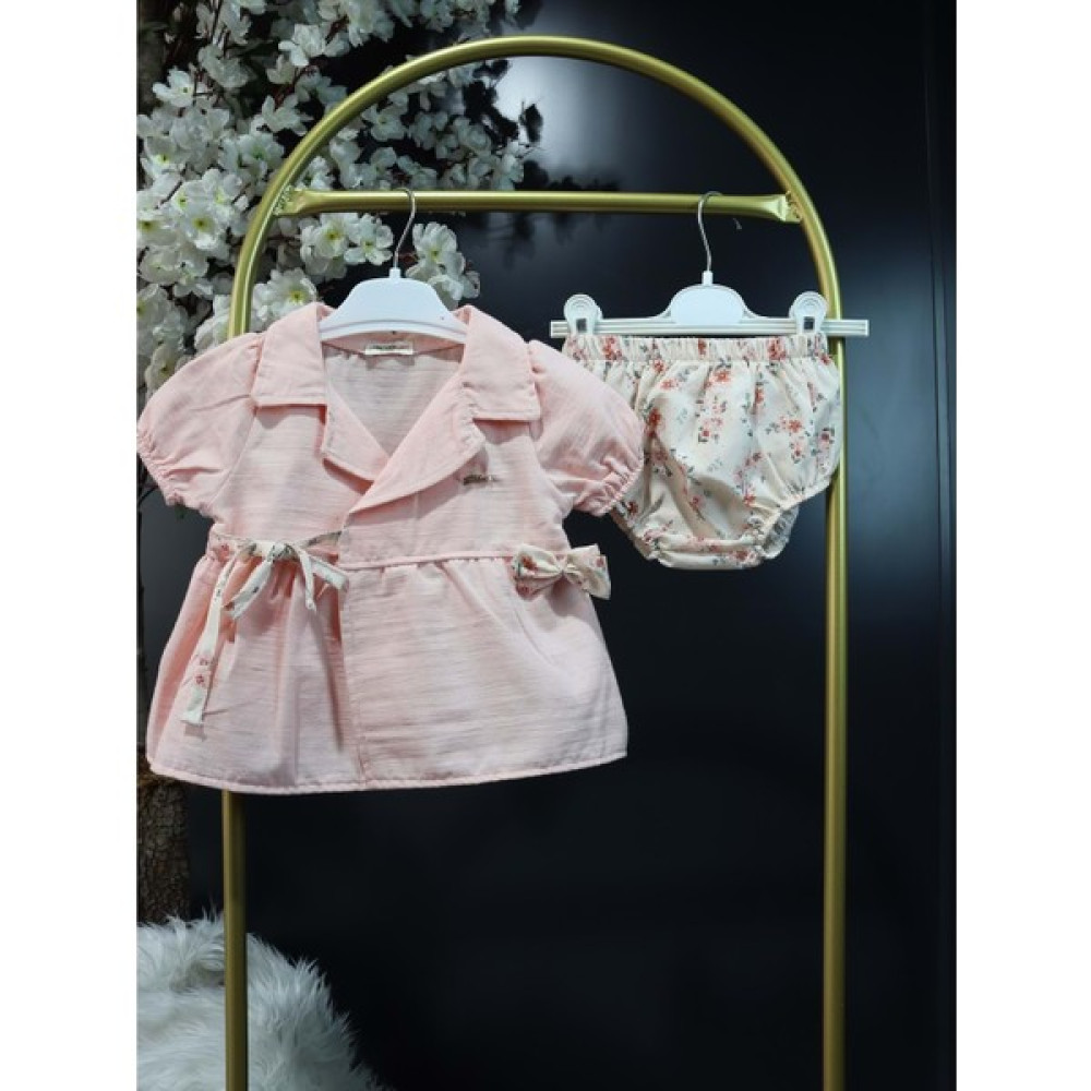 Miniksen Jikko Kız Kruvaze Fiyonklu 2li Takım - Pudra - 12-18AY - ST0000836YN-PUDRA-12-18AY Bebek Giysi Takım Fiyatı