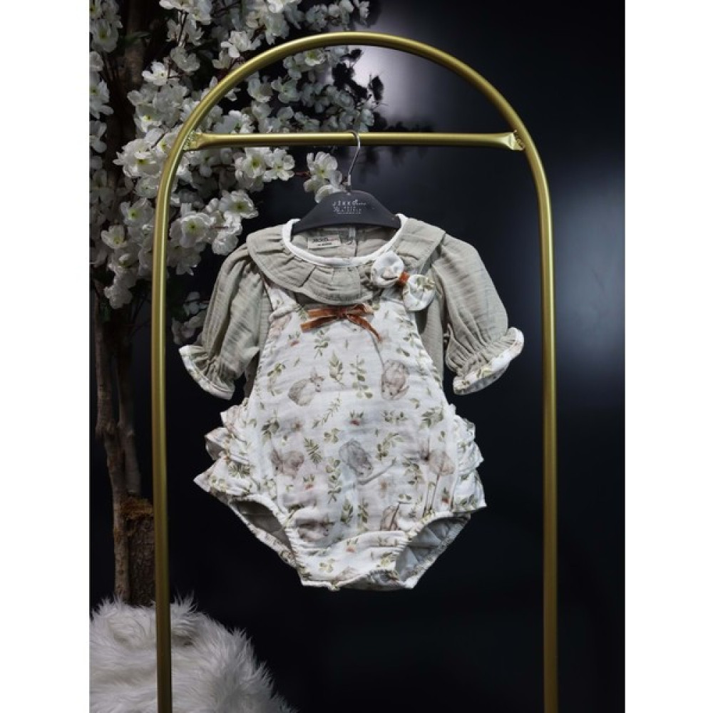 Miniksen Jikko Tavşan Baskılı Bebe Takım - Yeşil - 9-12AY - ST0000828YN-YEŞIL-9-12AY Bebek Giysi Takım Fiyatı