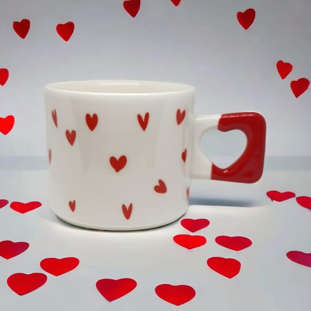 Minimalist Kırmızı Kalp Desenli El Yapımı Doğal Seramik Kalp Kupa / Mug - Çay & Kahve Fincanı - Beyaz - Kırmızı Fincan / Bardak / Kahve Takımı Fiyatı