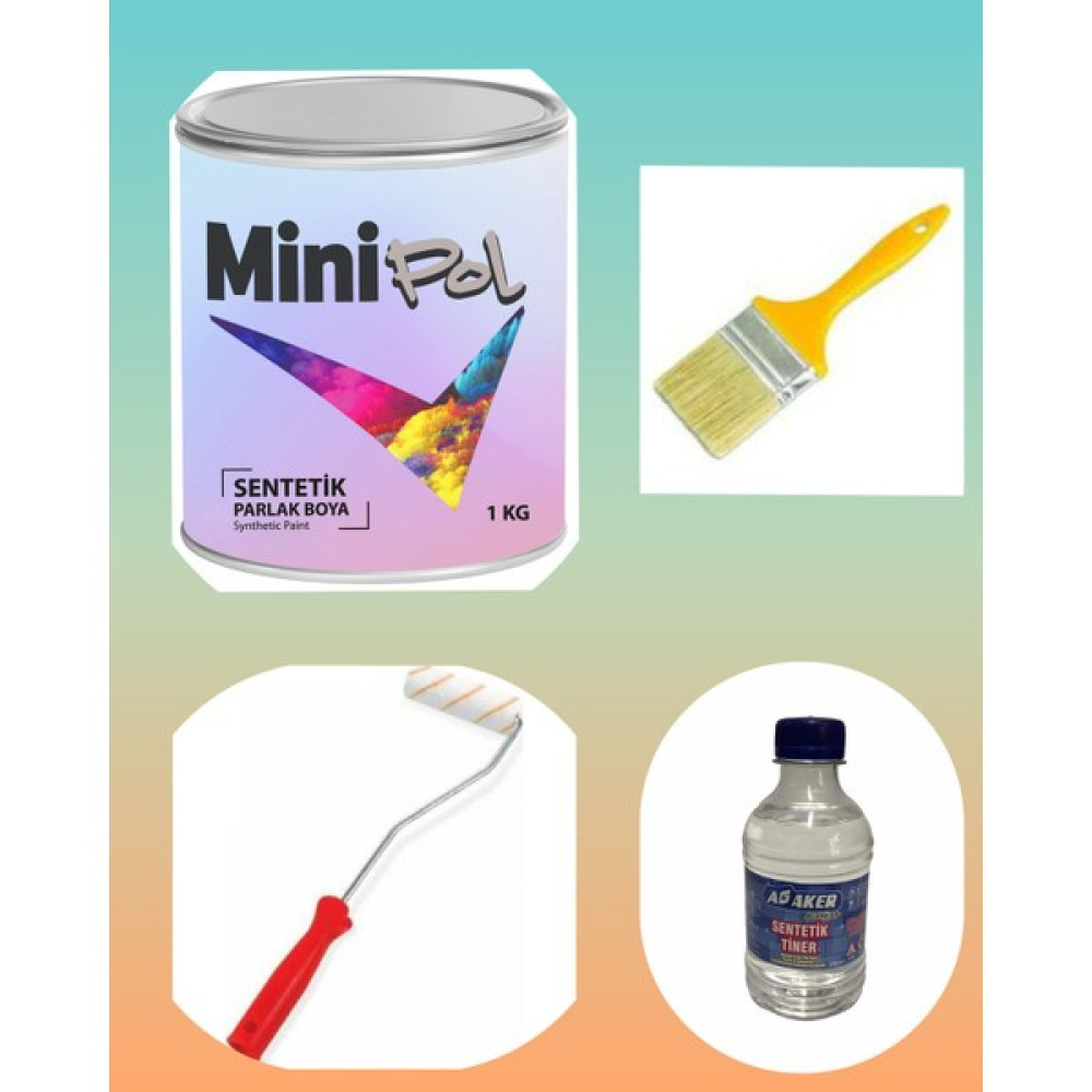 Minipol Boyacı Seti: Sentetik Boya(1kg)+ Fırça+ TINER(0.256ML)+ Parmak Rulo - 1 Adet - Beyaz İç Cephe Duvar Boyası Fiyatı