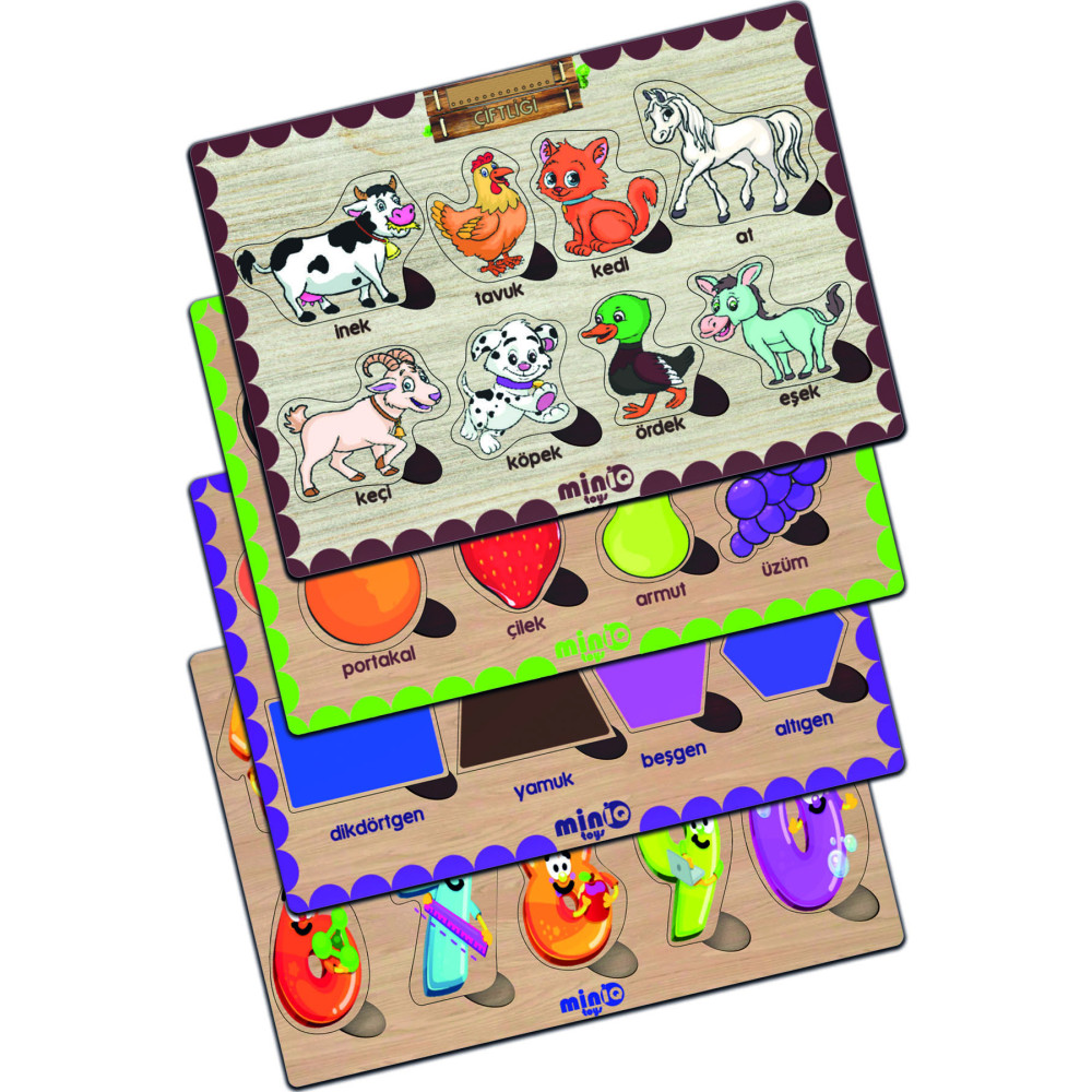 minİQ toys Ahşap Türkçe Ciftlik Hayv.+meyveler-sekiller-sayilar 4’lü Set Eğitici-öğretici Yapboz Puzzle & Aksesuarları Fiyatı
