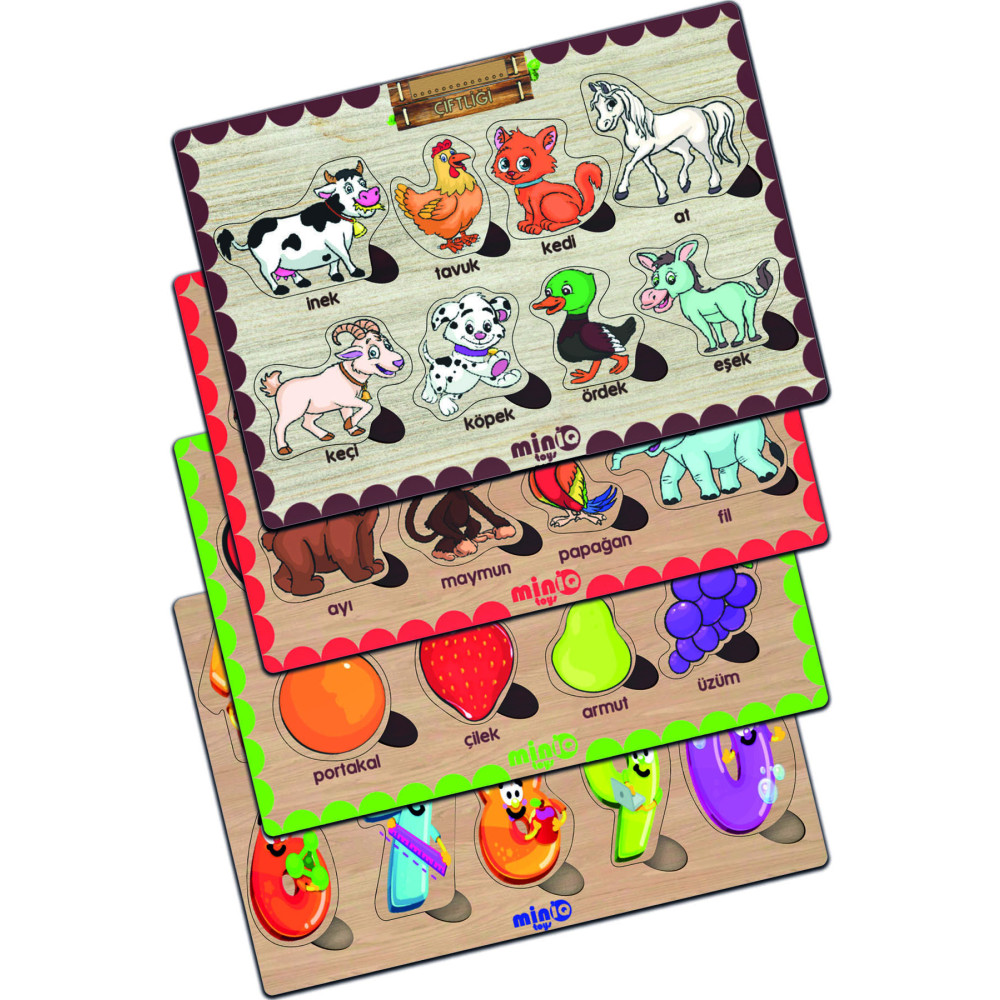minİQ toys Ahşap Türkçe Ciftlik Hayv.+orman Hayv.-meyveler-sayilar 4’lü Set Eğitici-öğretici Yapboz Puzzle & Aksesuarları Fiyatı