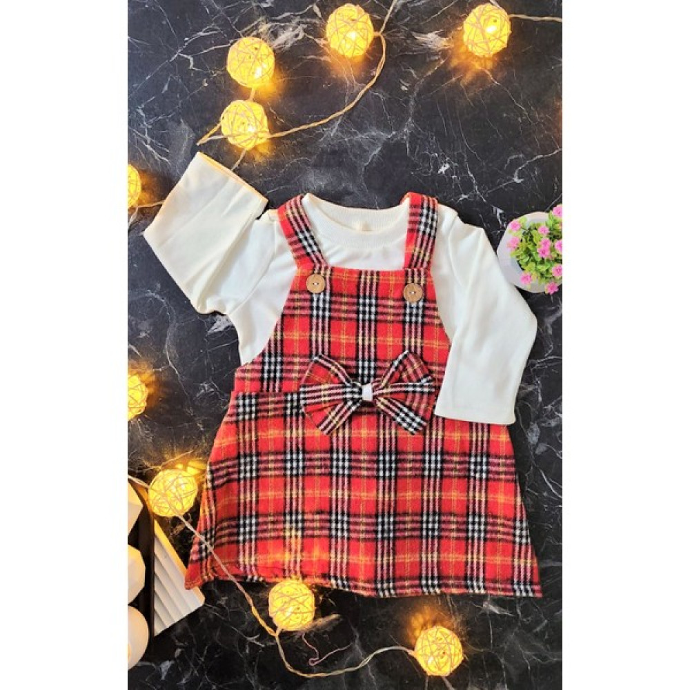 MiniStand Kız Bebek Askılı Ekose Kırmızı Elbise 2'li Bebek Elbisesi Fiyatı
