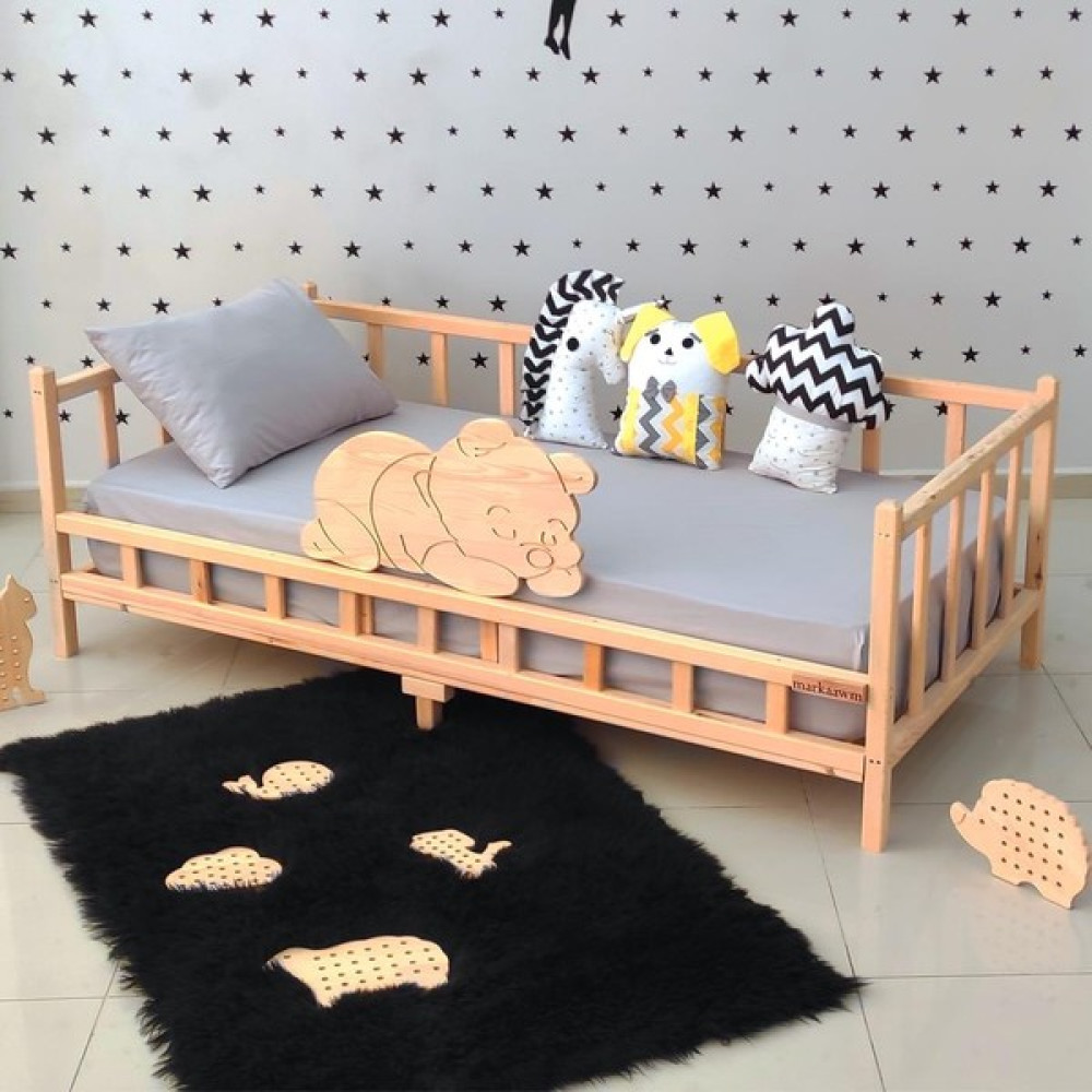 MiniWood Ayıcıklı Montessori Yatak Ahşap Karyola Bebek Beşiği - 60 x 120 cm Karyola Fiyatı