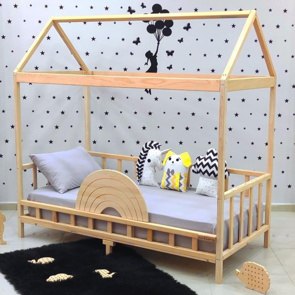 MiniWood Çatılı Montessori Yatak 90X190 Doğal Çam Çocuk Karyola - 60 x 120 cm - Ahşap Karyola Fiyatı