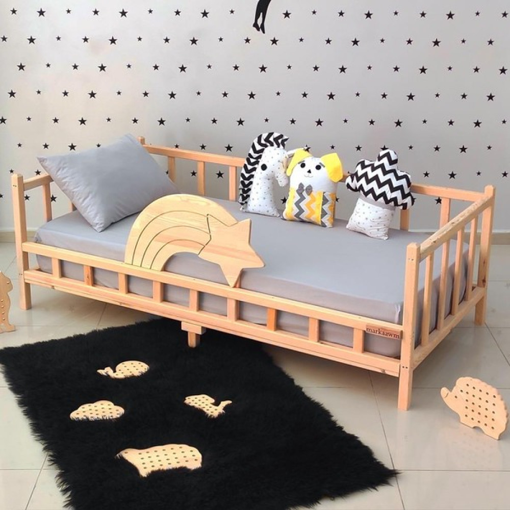 MiniWood Montessori Yatak Yıldız Korumalıklı Çocuk Yatağı Premium - 60 x 120 cm - Ahşap Karyola Fiyatı