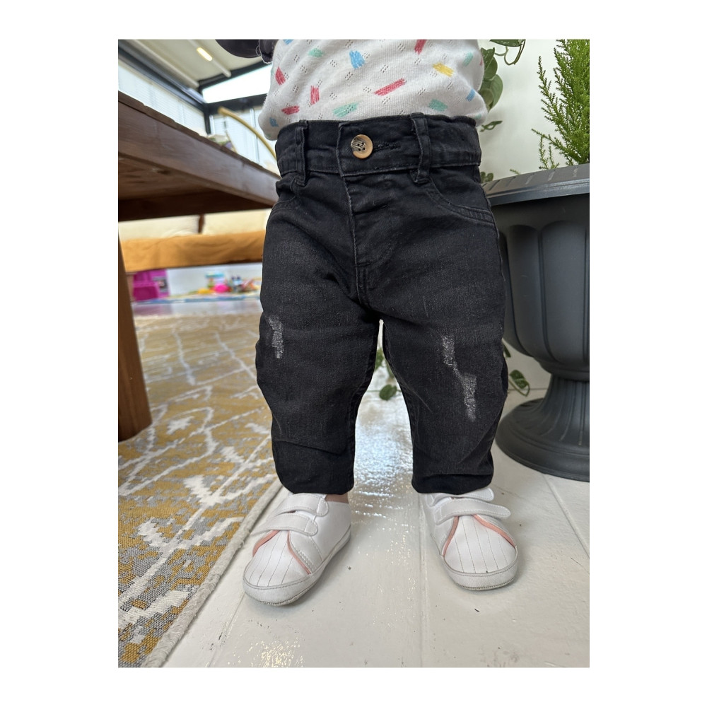 minny max Beli Ayarlanabilir Lastikli Denim Kumaş Yıpratmalı Siyah Kot Pantolon 3-4 Yaş Beden Kadın Pantolon Fiyatı