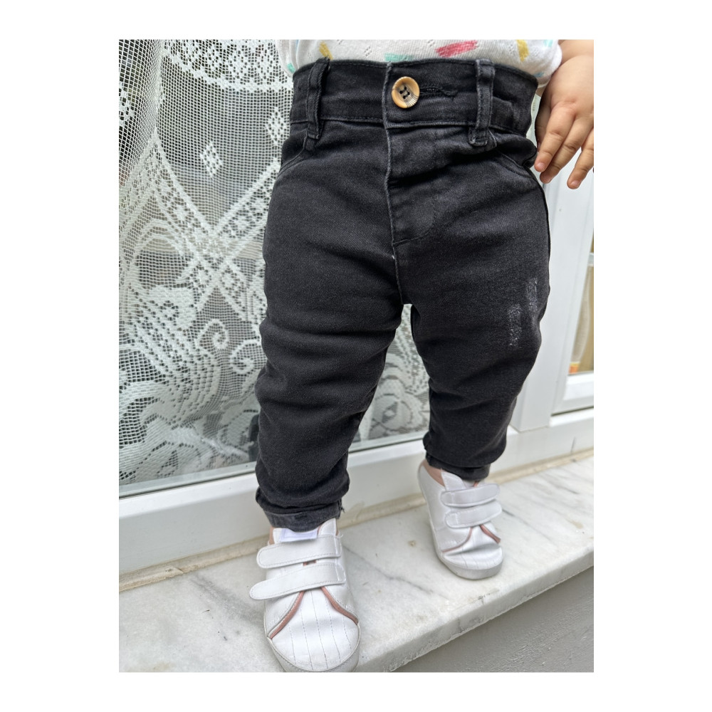 minny max Beli Lastikli Yıpratma Detaylı Siyah Denim Çocuk Pantolon 6-9 AY Beden Kadın Pantolon Fiyatı